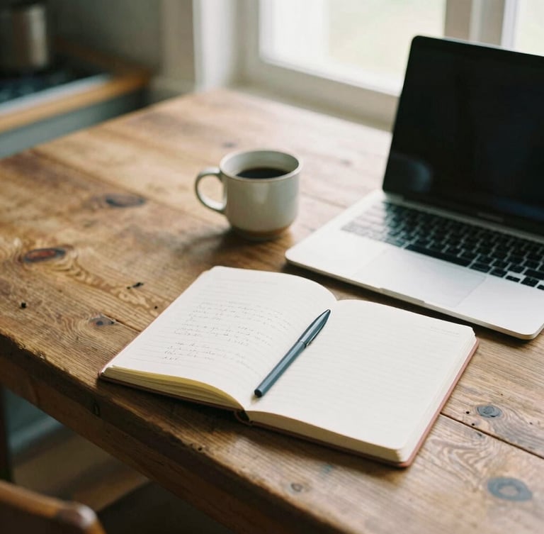 A warm, natural-light overhead photo of a rustic wooden kitchen table, an open notebook with neat handwriting next to a modern laptop and a ceramic coffee mug, soft morning window light, shallow depth of field, 35mm film look.