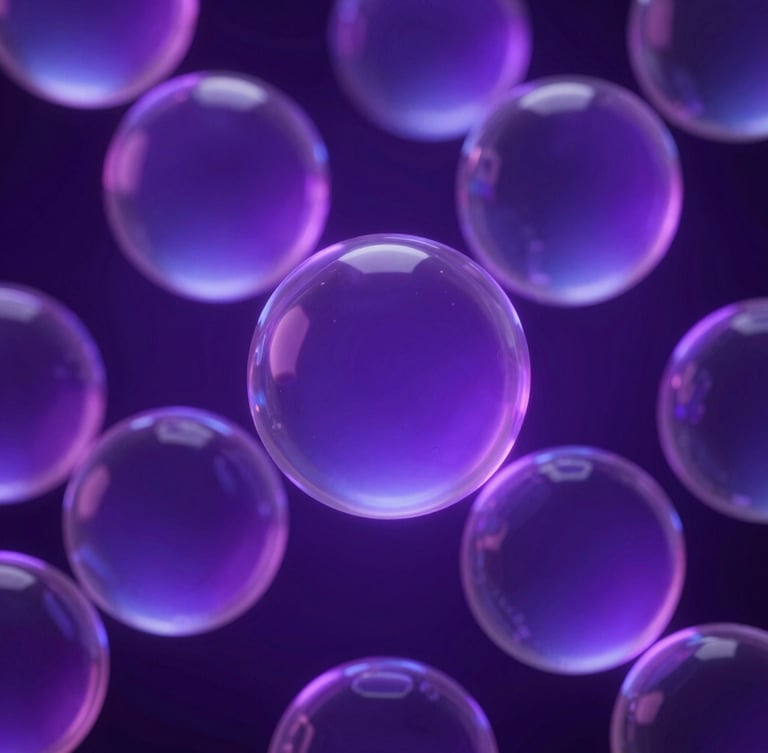 Abstract 3D render of glowing fluid glass spheres, dark neon violet backdrop, moody ambient lighting, octane render, macro close-up