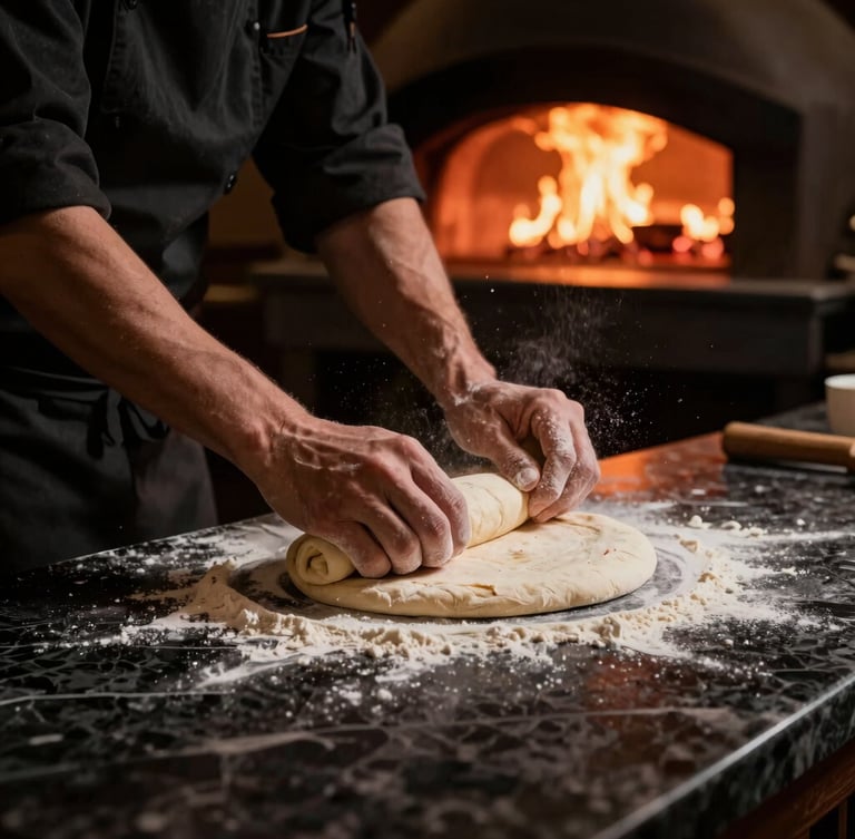 Low-angle heroic shot of a pizza chef stretching fresh dough on a dark marble counter, flour dust in the air, warm side lighting, high contrast