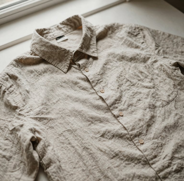 Natural fabric flat-lay of a soft, neutral-toned linen shirt, showcasing texture and drape under warm, diffused window light.