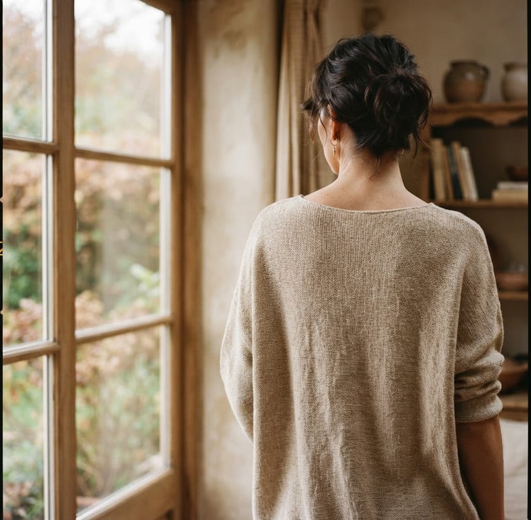 Warm environmental portrait of a model wearing a transitional linen knit top, soft natural window light, muted neutral tones, shallow depth of field, 35mm film texture, model's back slightly turned, focusing on the drape and texture of the fabric, right side of the frame, bleeding to the edge.