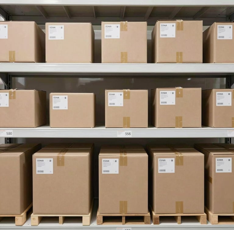 Straight-on shot of an organized warehouse shelf with labeled shipping boxes, bright high-key industrial lighting, sharp focus, 35mm lens