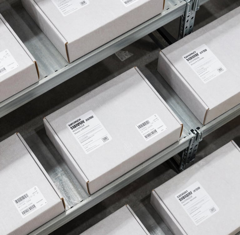 Overhead flat-lay of packaged apparel boxes with technical shipping labels on clean steel warehouse shelves, high-key daylight, sharp focus