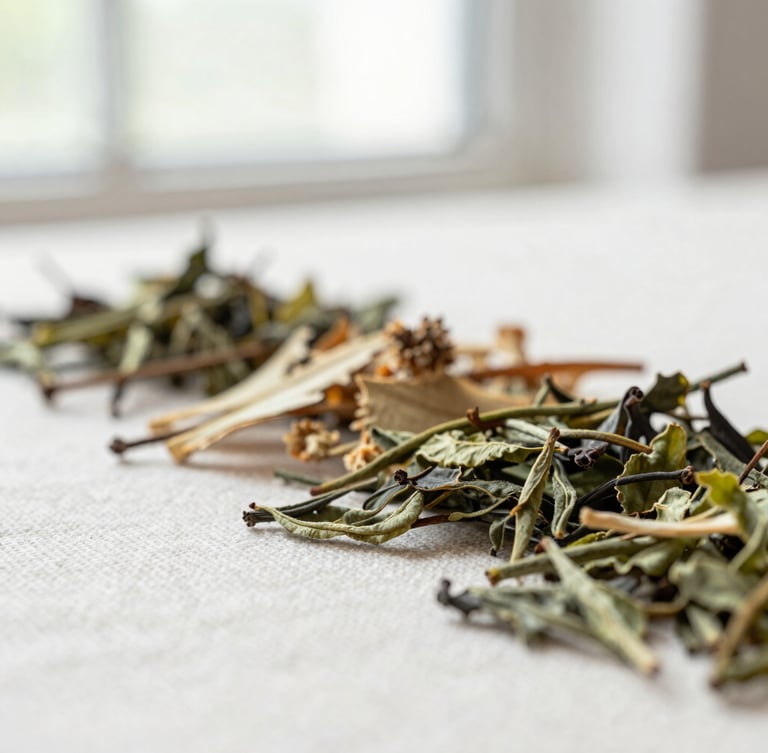 Bright editorial macro photography of dried botanical herbs and green tea leaves on a clean linen surface, soft natural window light, shallow depth of field