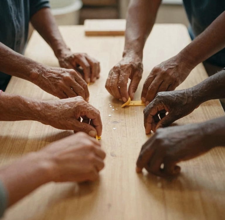 Close-up of hands of different generations working together to build a community kitchen table, warm golden light, Inter and Fraunces editorial vibe, 35mm film style