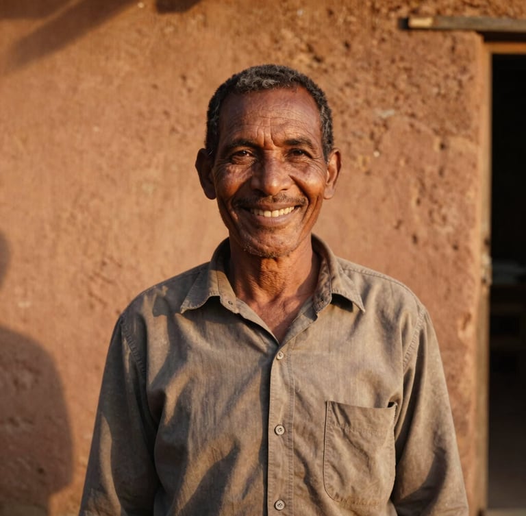 Warm documentary portrait of a local community leader smiling warmly, golden hour sunlight highlighting earthy terracotta walls in the background, authentic and dignified