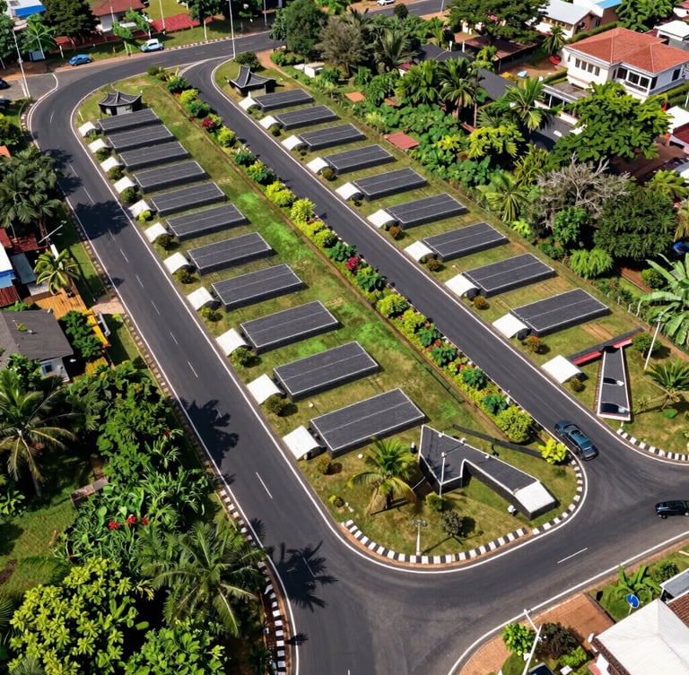 High-angle drone perspective of a meticulously planned gated community layout in Andhra Pradesh, featuring wide blacktop roads with crisp white markings, neat plot demarcations, and lush green boundary landscapes under bright midday sun.