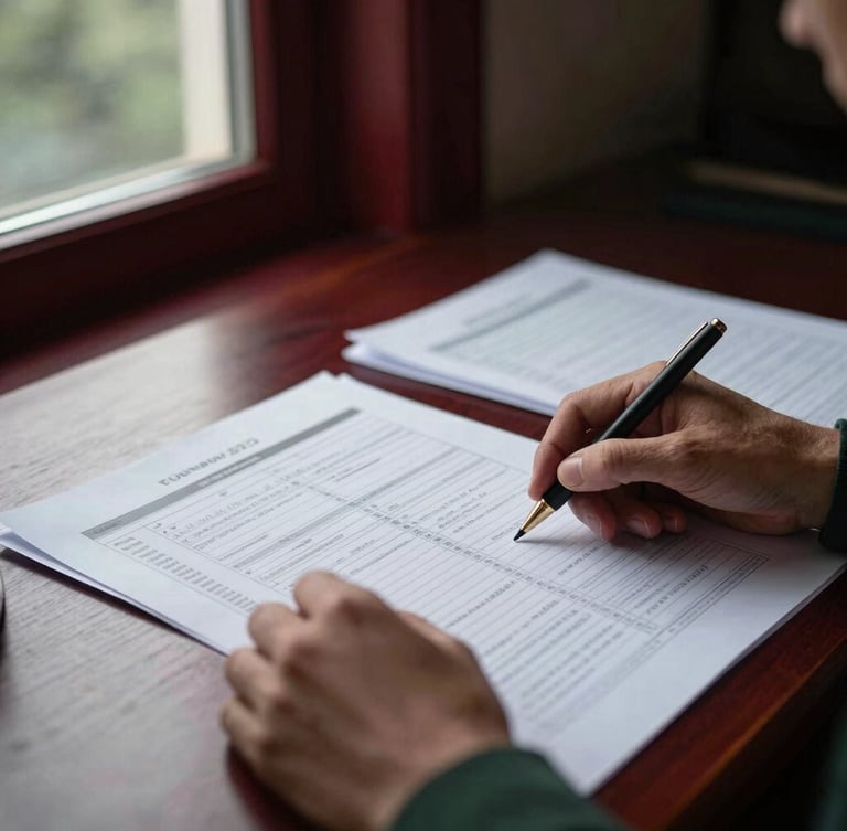 Close-up of hands analyzing complex financial spreadsheets and physical legal documents on a dark wood desk, moody natural window light, deep crimson accents, shallow depth of field, 35mm