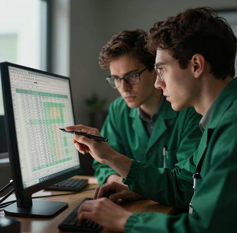 Close-up of two forensic experts in deep concentration, analyzing a complex financial spreadsheet on a monitor, moody office interior with warm desk light, deep crimson and forest green tones, shallow depth of field, 35mm.