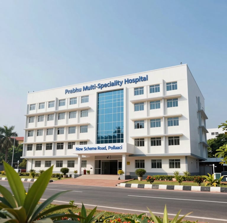 Wide panoramic view of Prabhu Multi-Speciality Hospital facade on New Scheme Road, Pollachi, Tamil Nadu, under bright natural daylight, with a clear blue sky. The building is modern and welcoming, with green foliage in the foreground. Professional, reassuring tone, 35mm lens.