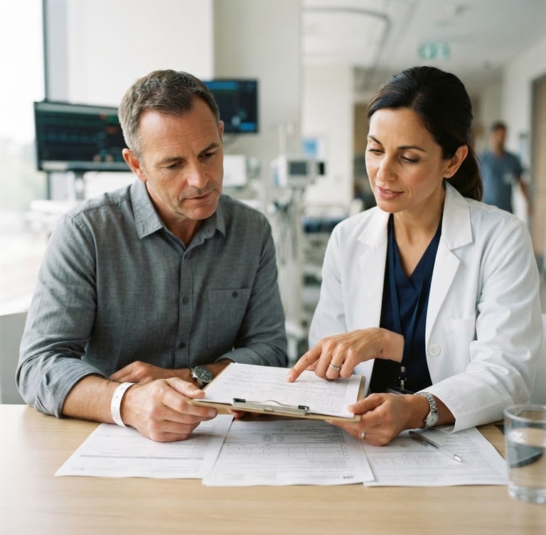 Reassuring image of a doctor and patient discussing documents in a bright, modern hospital setting, soft clinical tones, 35mm lens, focus on hands and documents.
