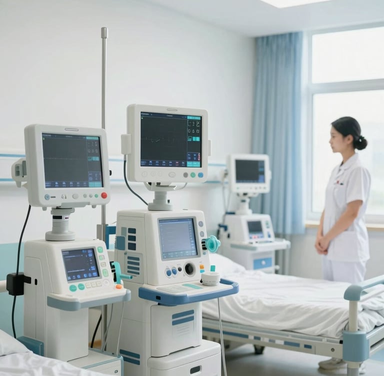Clean, brightly lit modern hospital ICU with advanced ventilator equipment and monitoring screens, a nurse observing from a distance, soft clinical tones, 35mm lens, natural daylight.