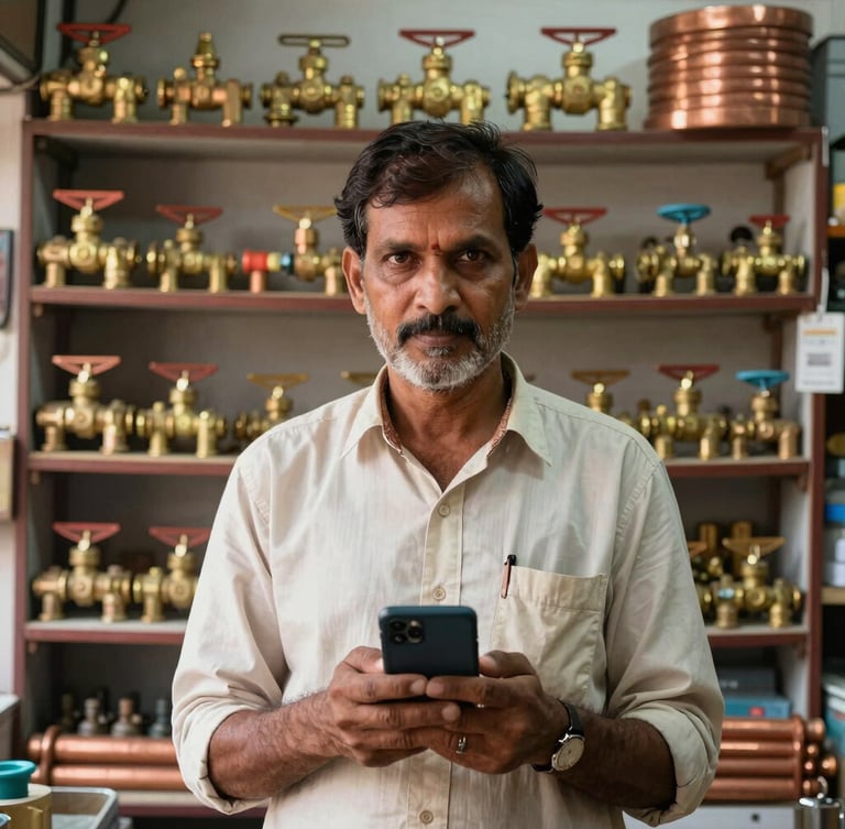 Straight-on eye-level shot of a traditional Indian hardware store owner holding a smartphone inside his shop, background filled with organized shelves of brass valves and copper pipes, bright natural daylight.