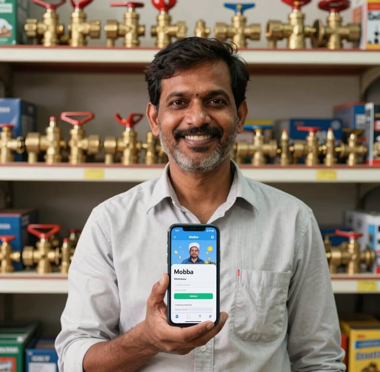 Straight-on eye-level shot of an Indian hardware store owner smiling, holding a mobile phone displaying the Mobba app, shelves of brass valves and tools in the background, bright natural light