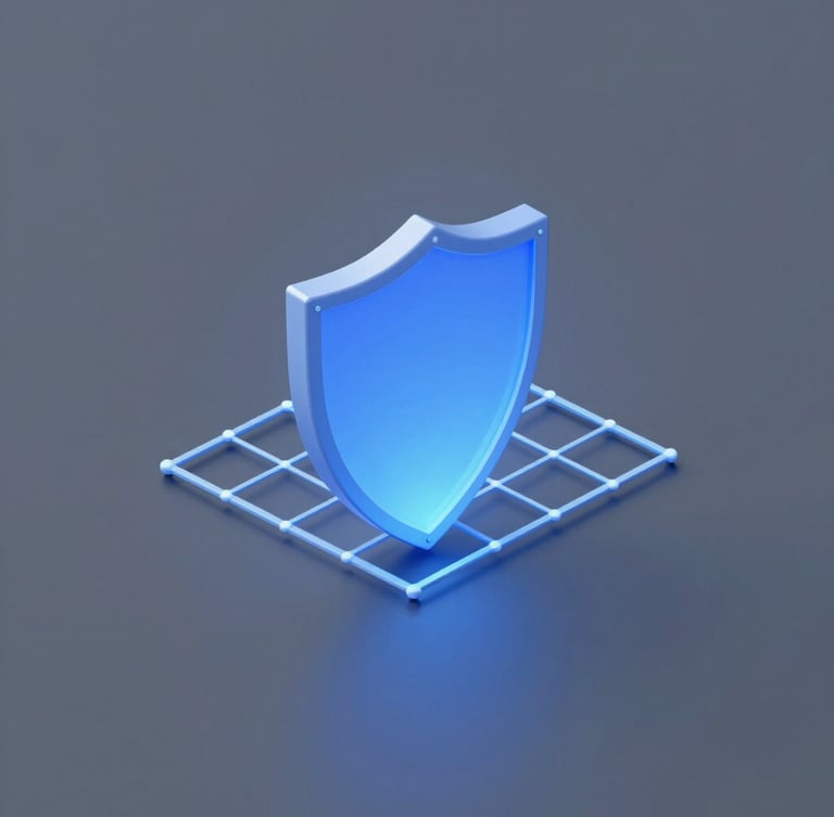 Minimalist 3D render of a glowing blue shield protecting a network grid, clean technical illustration, soft studio light, octane render
