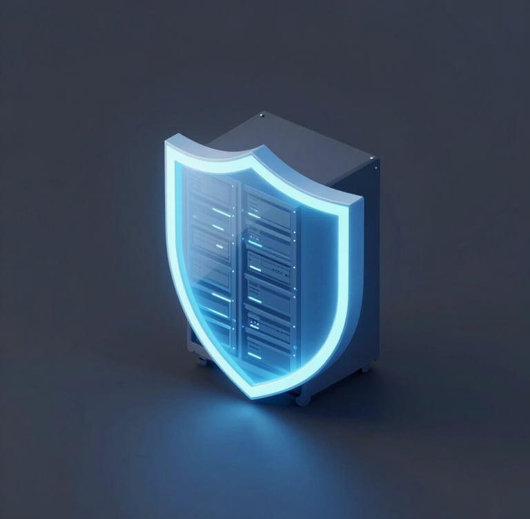 Minimalist 3D render of a glowing digital shield protecting a server rack, isometric perspective, soft blue emissive light, dark slate background, octane render
