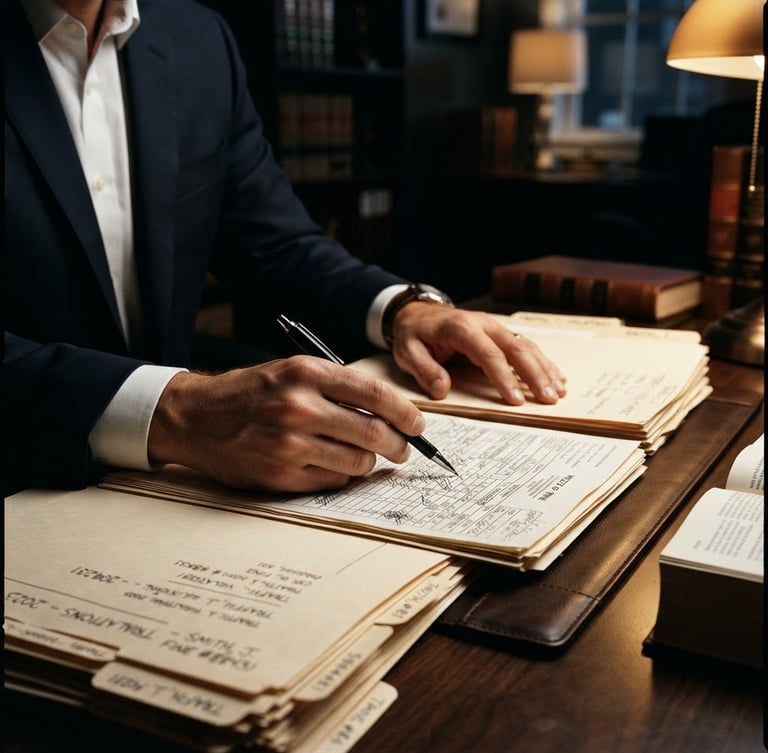 Hands of a lawyer reviewing physical traffic fine files on a dark wooden desk, focused lighting, high contrast, 35mm legal photography