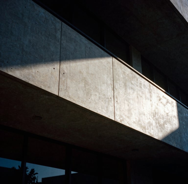Dramatic low-key architectural detail of a modern concrete and steel facade in Phoenix, sharp shadow lines from late afternoon sun, high contrast, dark moody editorial photography, 35mm film