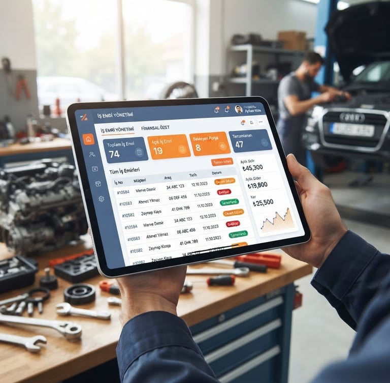 Clean, high-fidelity screenshot of ServisDefteri dashboard on a modern tablet, showing work orders and financial summaries, bright natural workshop lighting, sharp focus. The UI features slate blue and energetic safety-orange accents.