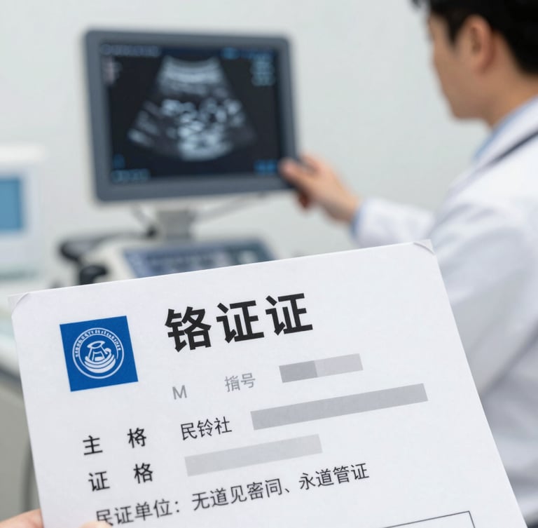 Close-up of an official medical license or certificate, blurred in the background a doctor in a white coat reviewing a modern USG screen, bright neutral daylight, professional navy and white tones, sharp focus on the certificate.