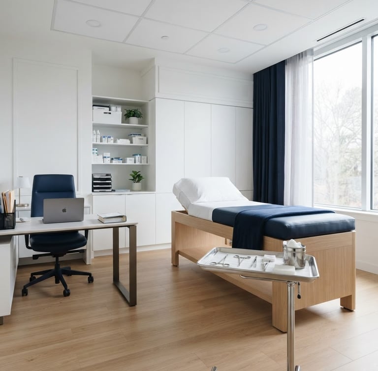 A bright, clean, modern consultation room with sterile medical equipment, soft neutral daylight, no people, emphasizing a calm and professional environment.