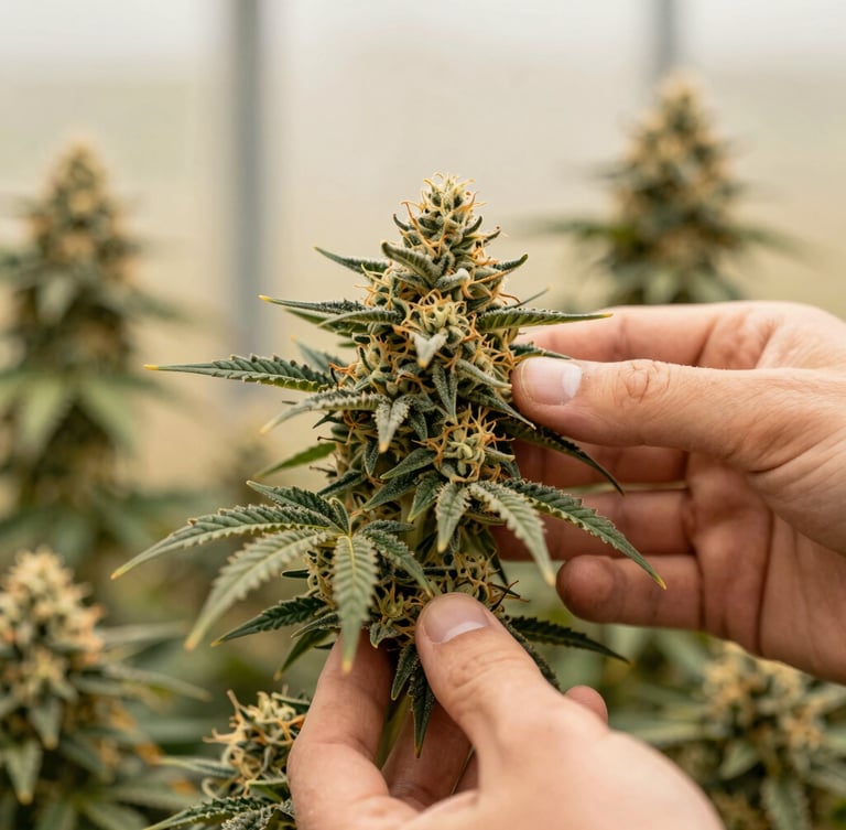 Close-up macro photography of a master grower's hands gently inspecting a rich, trichome-covered cannabis flower inside a warm, sunlit greenhouse, shallow depth of field, 35mm