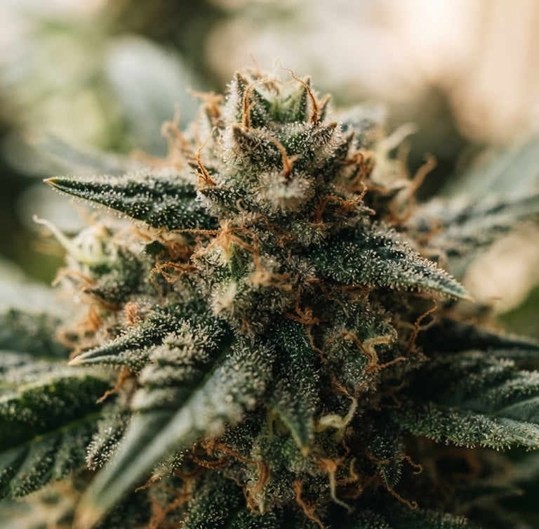 Macro photograph of a rich, trichome-covered cannabis bud, soft natural window light, deep forest green and warm cream tones, shallow depth of field, 35mm