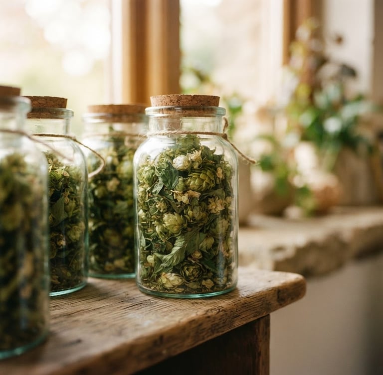 A warm, close-up 35mm photograph of clean botanical glass jars filled with rich green flower on a wooden shelf, soft natural window light, shallow depth of field.