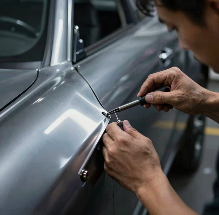 Close-up of a skilled technician's hands precisely aligning a body panel in a well-lit workshop, focus on the tools and the metallic surface, high-contrast, deep shadows, 50mm lens