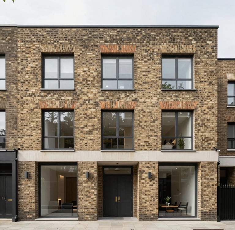 Straight-on architectural facade of a modern brick townhouse in London, clean lines, diffused natural daylight, neutral tones, 35mm lens
