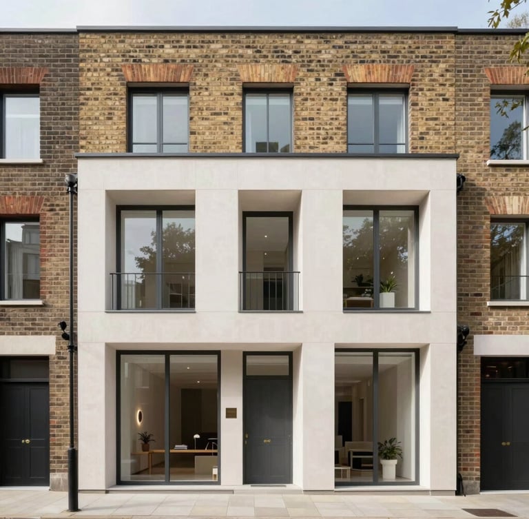 Exterior facade of a modern brick townhouse in London, clean architectural lines, straight-on perspective, soft natural daylight, high-end real estate