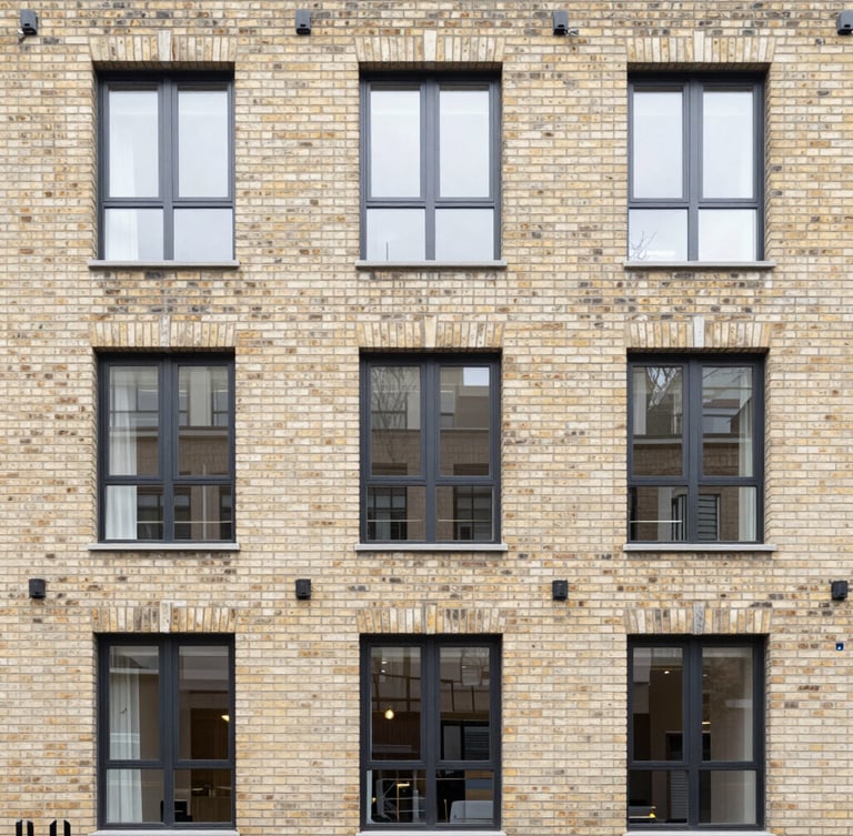 Straight-on architectural photography of a modern brick residential facade in London, natural diffused daylight, clean straight lines, neutral tones, 35mm lens