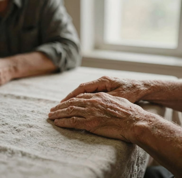 Close-up of hands of an elderly person and a middle-aged adult resting on a textured linen tablecloth, soft natural window light, warm earth tones, shallow depth of field