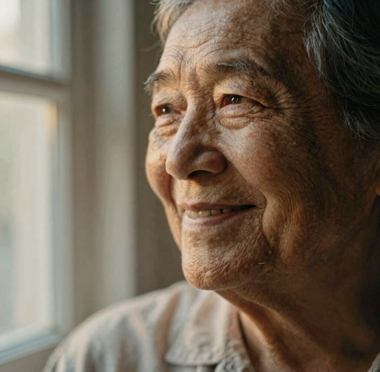 Warm close-up of an elderly parent smiling naturally, soft golden hour window light, shallow depth of field, muted linen textures, highly detailed, 35mm film feel.