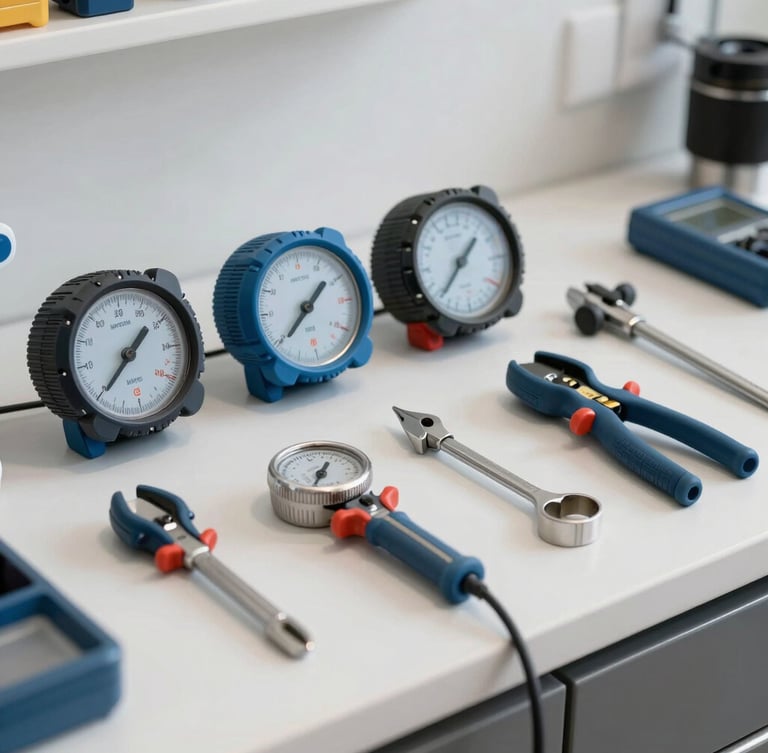 A neatly organized toolkit with professional diagnostic meters and tools resting on a clean, bright utility room counter, sharp focus, 50mm lens.