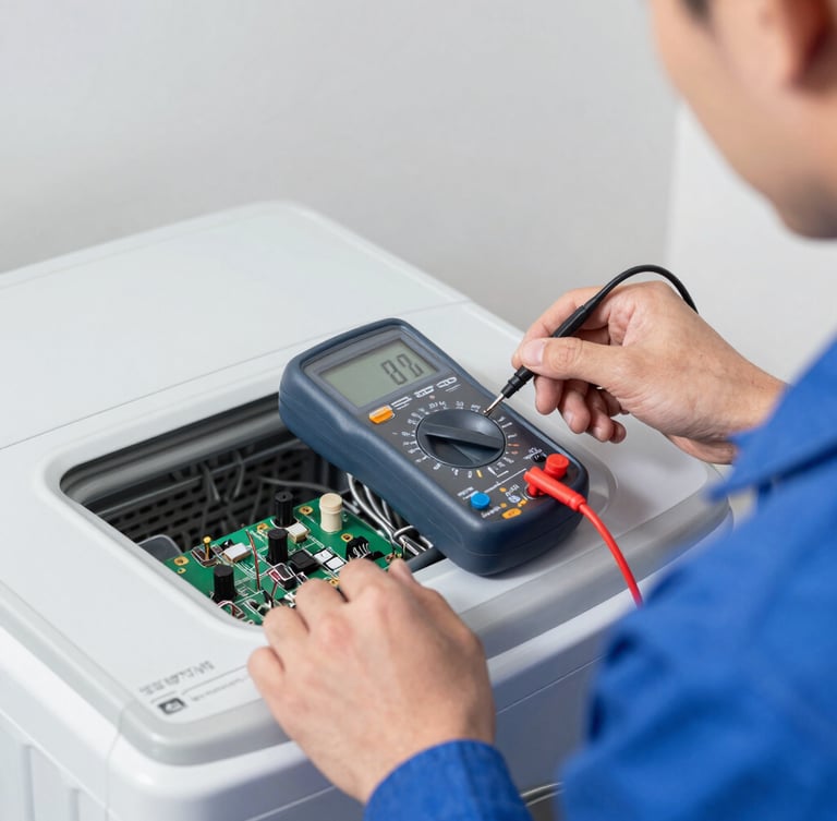 Macro shot of a technician in a clean uniform using a digital multimeter to test a modern washing machine control board, crisp blue and silver tones, neutral daylight.