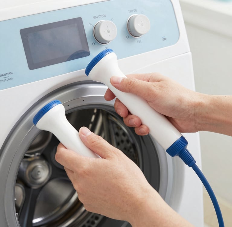 Close-up of clean hands using professional diagnostic tools on a modern washer control panel, bright neutral daylight, crisp blue and silver tones