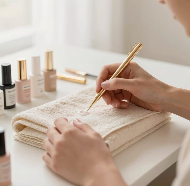 A warm, soft-focus portrait of a nail artist's clean, minimalist workstation, featuring delicate gold accents, cream linen towels, and premium gel bottles under soft, warm indirect studio lighting