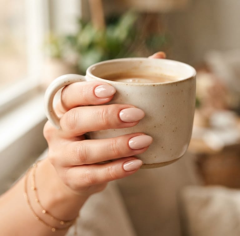 Macro close-up of beautifully manicured nails with clean cuticle work holding a delicate cream ceramic mug, soft diffused window light, shallow depth of field, warm tones