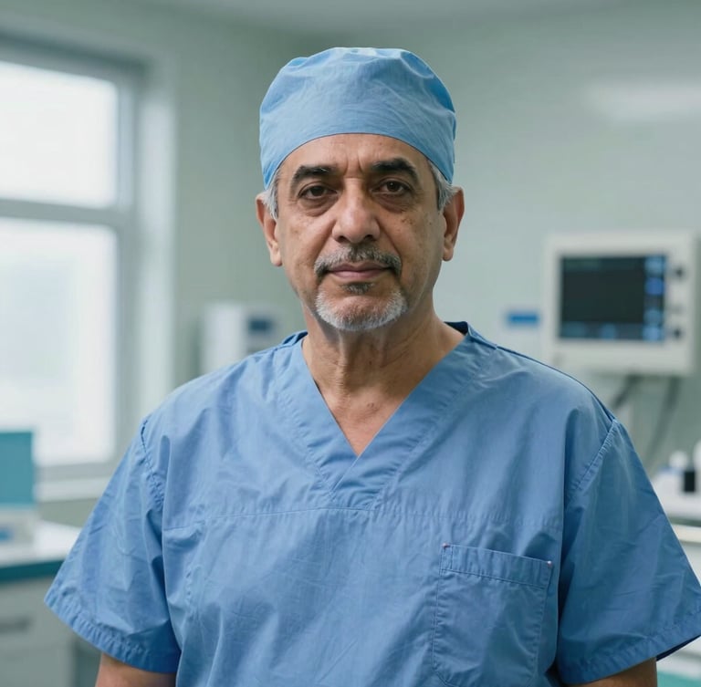 Medium-close portrait of Dr. Shah, a senior surgical oncologist in clean surgical scrubs, looking directly at the camera with a calm, authoritative expression. Soft daylight from a side window, sterile clinical interior background out of focus.