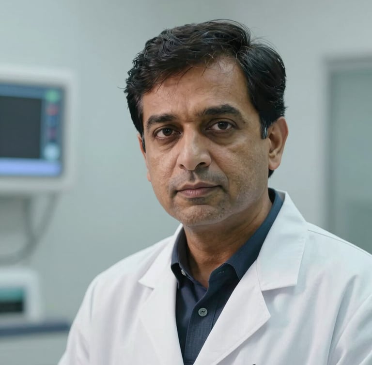 Medium close-up of Dr. Rutesh Shah in a sterile white consultation room, looking directly at the camera with an authoritative and focused expression, cool daylight.