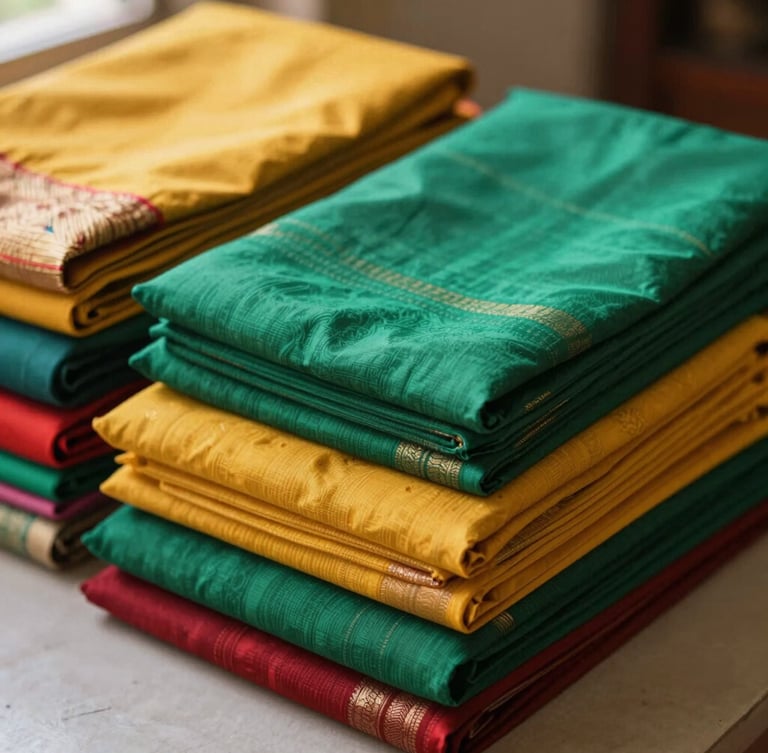 Neatly folded stacks of wholesale sarees and textiles in vibrant emerald, marigold, and crimson, natural morning light, shallow depth of field