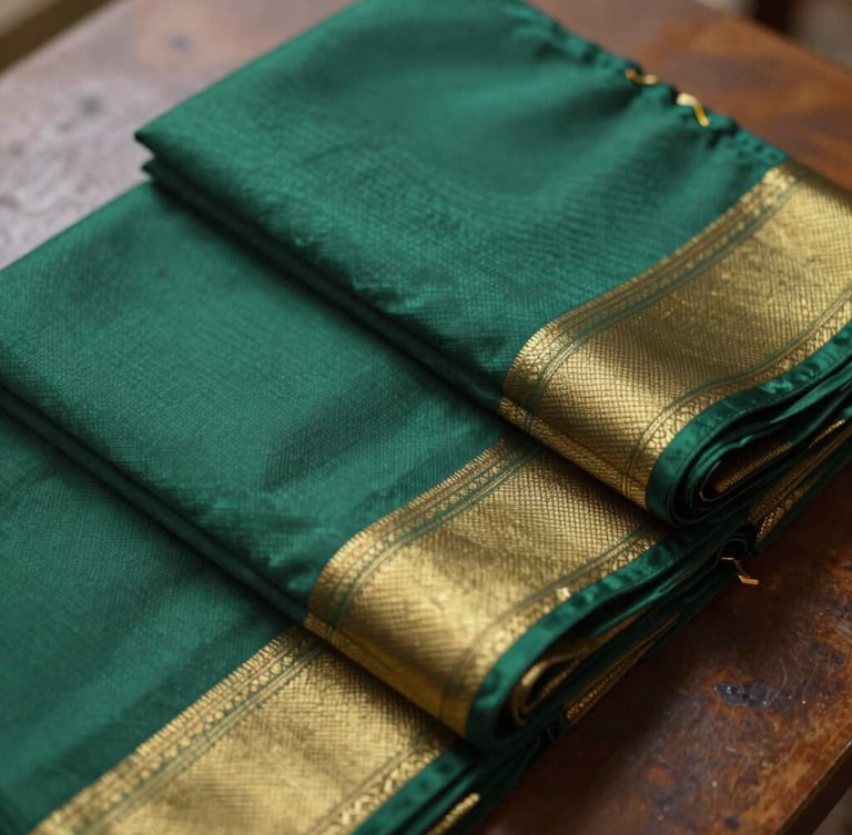 Warm editorial photography of neatly folded heritage silk sarees in deep emerald and gold, soft side daylight, 35mm