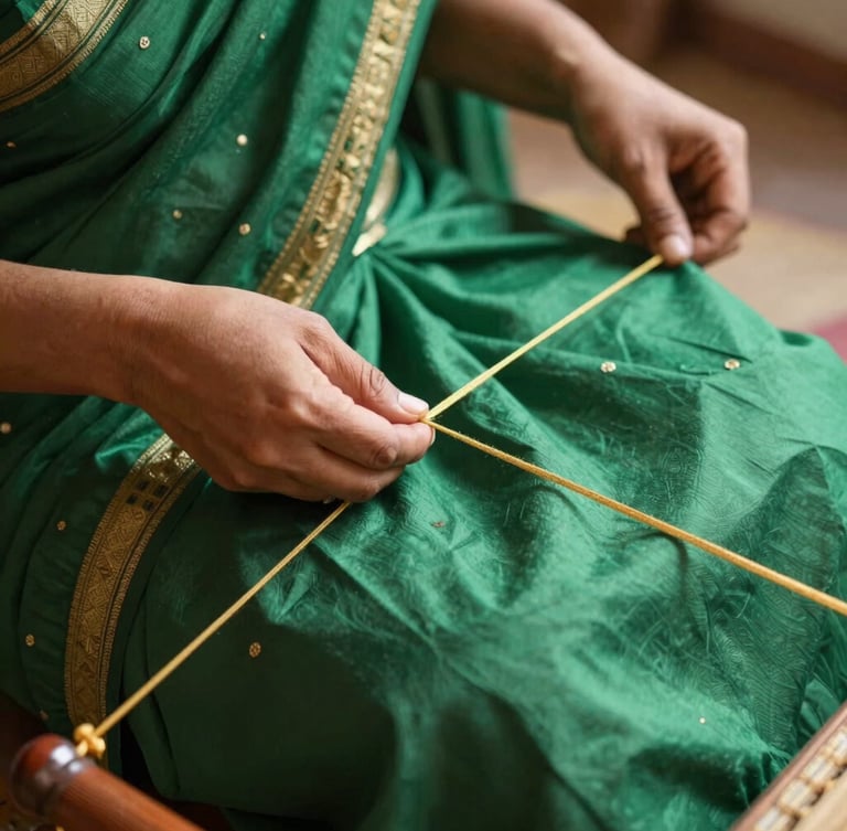 Close-up of a handloom weaver's hands guiding golden zari threads through a deep emerald silk saree, warm natural morning light, shallow depth of field, 35mm