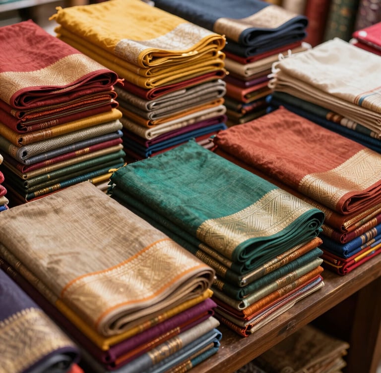 Neatly folded stacks of colorful traditional cotton and silk sarees in a warm, sunlit textile showroom, highlighting rich textures and authentic regional patterns, 35mm