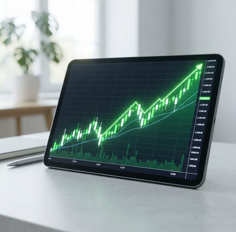Macro shot of a clean tablet screen displaying a green upward financial chart, bright natural daylight, minimalist office background
