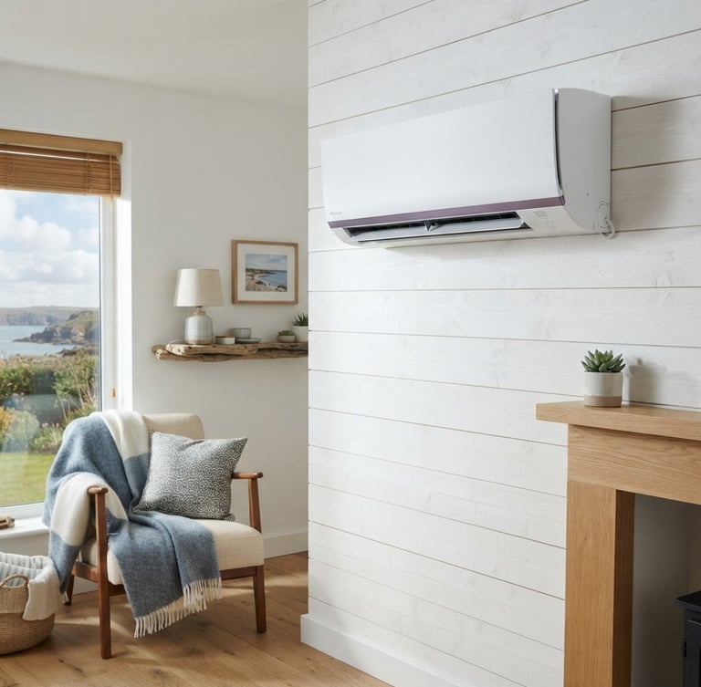A clean, modern mini-split indoor head mounted on a bright white wall in a cozy Maritime home, natural daylight, sharp focus.