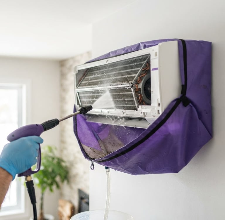 Close-up of a mini-split indoor head being pressure-washed with a protective bib inside a Sackville home, bright natural daylight, clean purple and white tones