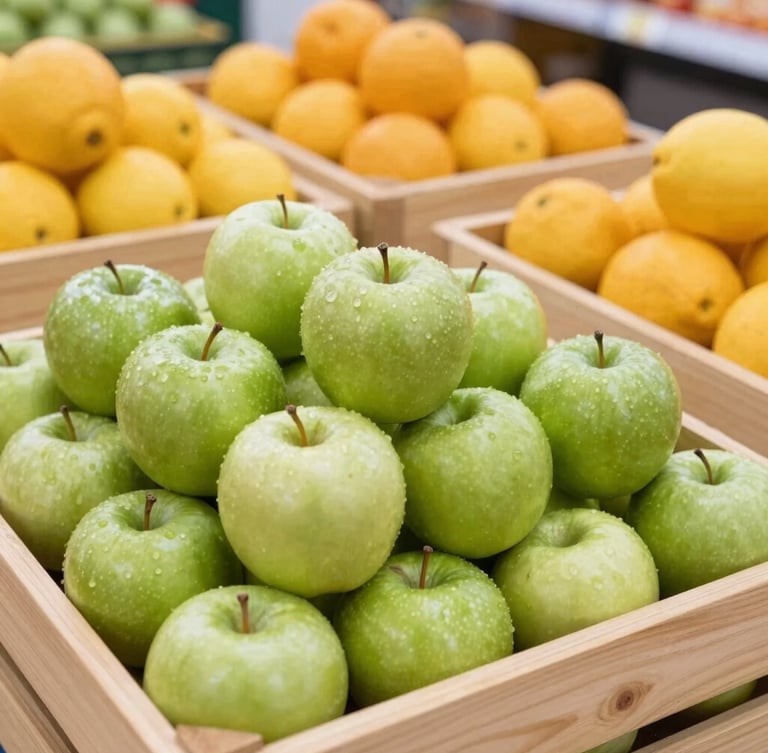Medium portrait shot of beautifully stacked fresh green apples and golden citrus fruits in clean wooden crates, bright natural lighting, shallow depth of field.