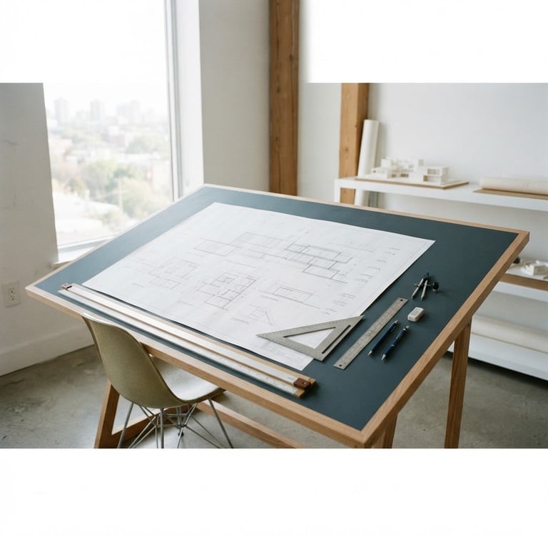 Wide shot of a clean, minimalist architectural drafting table with precise blueprints and drafting tools under sharp natural daylight, high-contrast slate and white tones, crisp focus, 35mm lens